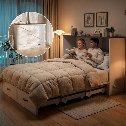 HISOFT Queen Murphy Bed Frame with Charging Station, Freestanding Cabinet Murphy Bed with Fold-Down Panel & Reinforced Support, Space-Saving Design for Small Living Spaces, Shipped in 2 Boxes, White