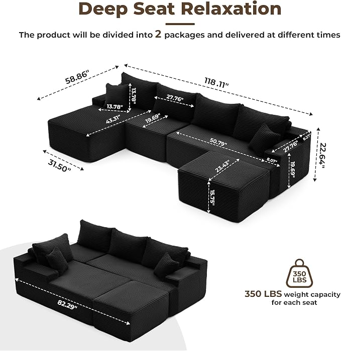Mangodan 118'' Cloud Sectional Couch, U Shaped Boneless Couches for Living Room, Modular Sectional Sofa with Deep Seat Light Facing Chaise, Comfy Cloud Couch Sofa, Black