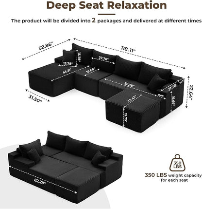 Mangodan 118'' Cloud Sectional Couch, U Shaped Boneless Couches for Living Room, Modular Sectional Sofa with Deep Seat Light Facing Chaise, Comfy Cloud Couch Sofa, Black