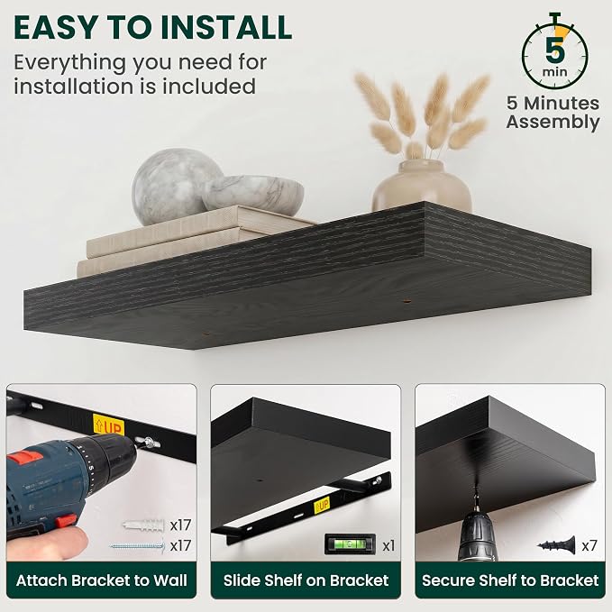 Floating Shelves for Wall 72 in x 9.3 in Deep, Wall Mounted Rustic Wood Shelf with Invisible Brackets for Storage & Display, Living Room Bedroom Bathroom, Black, 1 Pack