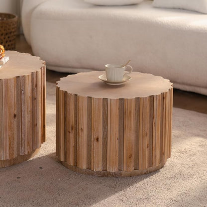 Nesting Round Coffee Table Set of 2, 27.56" Fluted Circle Accent End Table, Morden Drum Side Table, Wooden Center Table for Living Room, Fully Assembled - Natural Wood