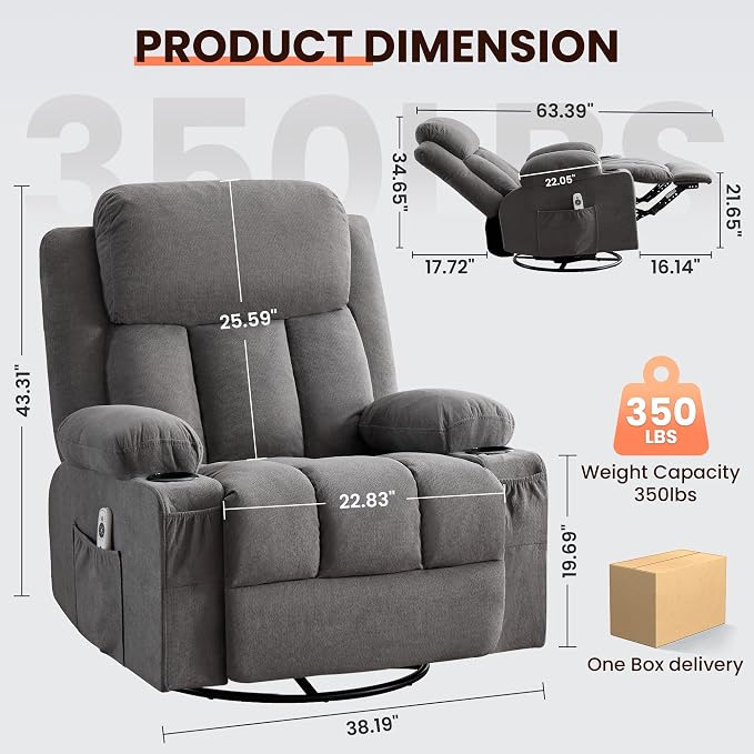 MAHOMICO Swivel Rocker Recliner Chair with Vibration Massage and Heat for Living Room,with Rocking Function and Side Pocket, USB Charge Port,2 Cup Holders