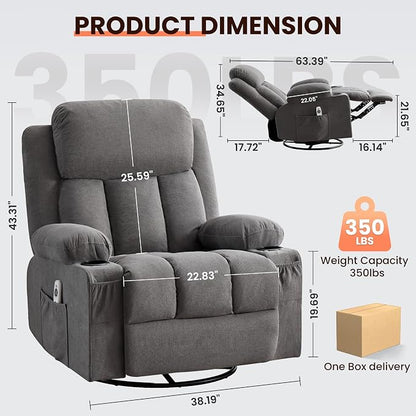 MAHOMICO Swivel Rocker Recliner Chair with Vibration Massage and Heat for Living Room,with Rocking Function and Side Pocket, USB Charge Port,2 Cup Holders