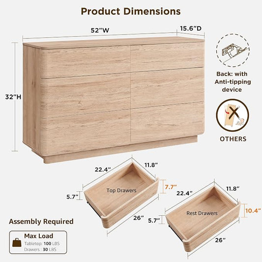 JXQTLINGMU 6 Drawer Dresser for Bedroom, 52" Wide Modern Wood Dressers with Push-to-Open Drawers for Closet Storage, Chest of Drawers TV Stand for Living Room & Hallway, Curved Profile, Natural Oak