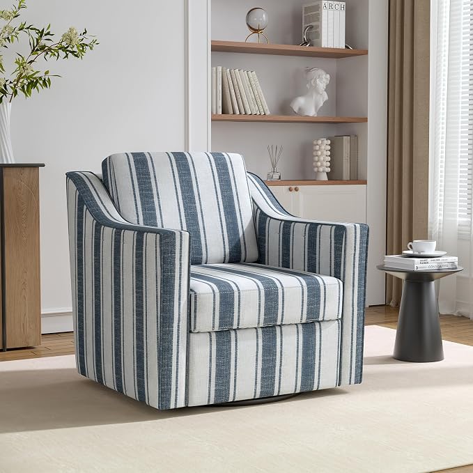 Swivel Accent Chair, 360° Swivel Upholstered Club Armchairs for Living Room, Comfy Fabric Single Sofa Reading Chair with Deep Seat, Metal Swivel Base, Navy Stripe