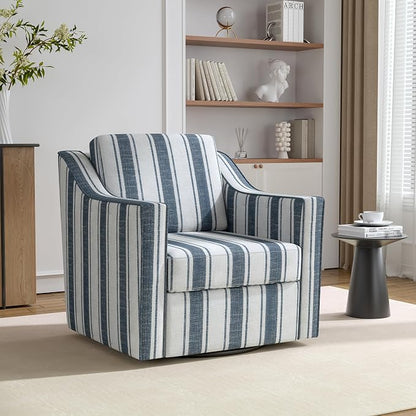 Swivel Accent Chair, 360° Swivel Upholstered Club Armchairs for Living Room, Comfy Fabric Single Sofa Reading Chair with Deep Seat, Metal Swivel Base, Navy Stripe