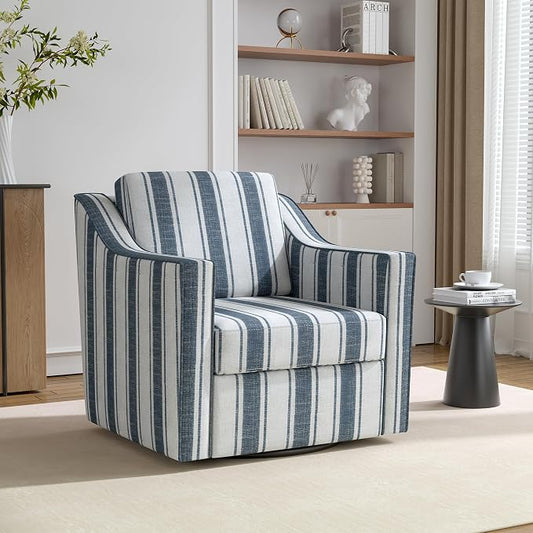 Swivel Accent Chair, 360° Swivel Upholstered Club Armchairs for Living Room, Comfy Fabric Single Sofa Reading Chair with Deep Seat, Metal Swivel Base, Navy Stripe