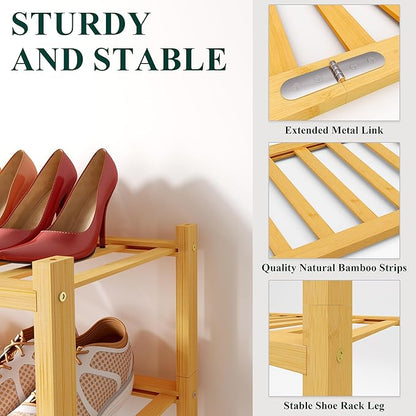 Smiry Long Bamboo Shoe Rack, 3 Tier Free Standing Wooden Shoe Organizer, Stackable Wood Shoe Storage Shelf for Closet, Entryway, 12 Vertical Slats, 2+1 Stack Standard Legs, 33.7"x11"x19.5", Natural