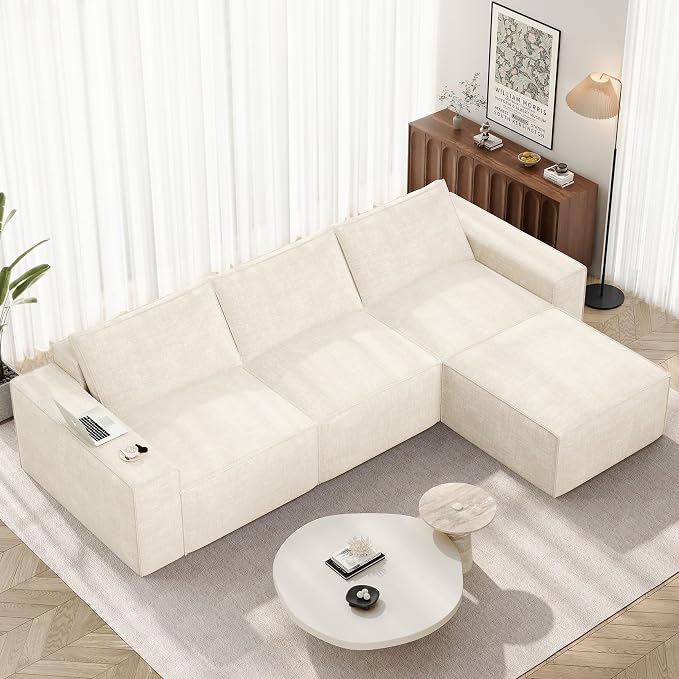 Vesgantti 114" Modular Boneless Couch, Modern 4 Sester Sectional Sofa with Deep Seat, Convertible Chenille L Shaped Cloud Couches for Living Room, No Assembly Required, Beige