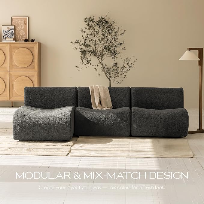 102" Curved Sectional Couch with Chaise Lounge, 3-Seat Reversible L-Shaped Sofa, Deep Seat Sherpa Boneless Modular Couches, Modern Curved Sofas for Living Room – No Assembly, Grey