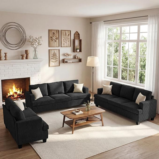 Apicizon Modern Loveseat & 3-Seater Sofa Set of 3, Corduroy Couch 3 Piece Sofa Set for Living Room, Modern Lounge Sofa Couches for Apartment Lounge, Black Corduroy