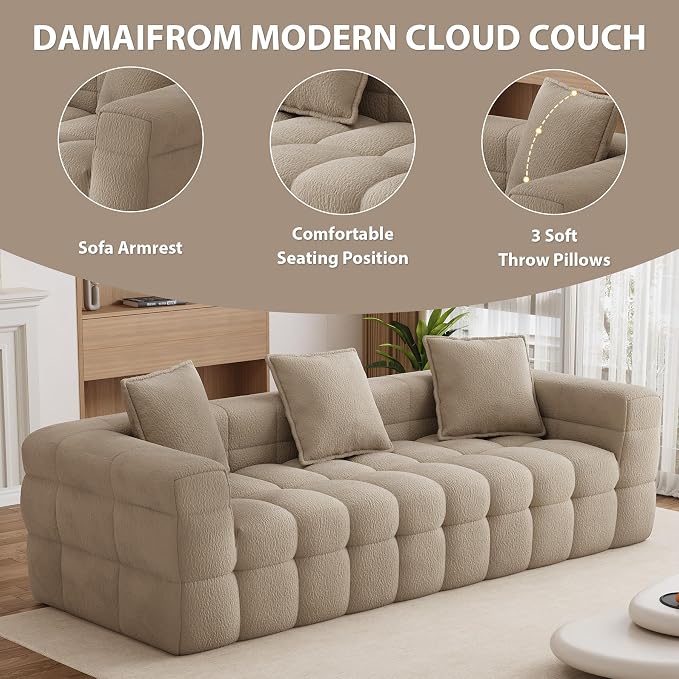 91.3" Boneless Couch,Comfy Cloud Sectional Sofa with Deep Seat,Modern Upholstered Chenille Love Seat Sofa, Oversized Couches for Living Room, No Assembly Required Tufted Sofas, Light Brown