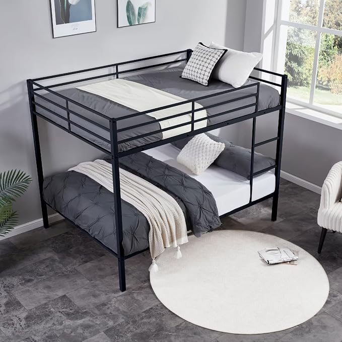 Full Over Full Bunk Bed, Metal Full Size Bunk Beds with Guardrail, Bunk Bed for Adults, Teens, Heavy Duty Bunk Beds Full Size,Safety Guardrail & Ladders, Space-Saving Design, No Box Spring Needed