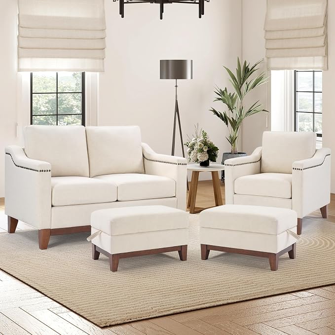 HAOMARKETS 4 Piece Fabric Sofa Set with Nailhead Trim, Included Single Accent Chair, Loveseat 2-Seater Couches with Thicked Cushion and 2 Storage Ottoman with Flip-Top Table for Living Room, Beige