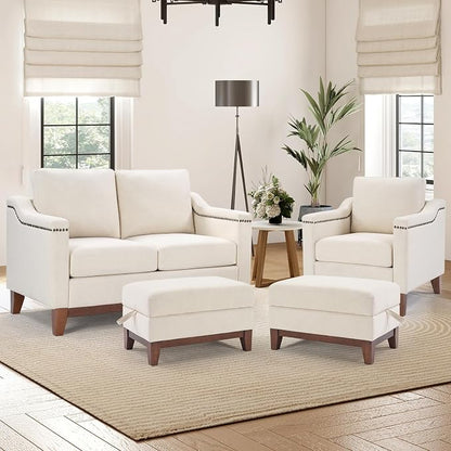 HAOMARKETS 4 Piece Fabric Sofa Set with Nailhead Trim, Included Single Accent Chair, Loveseat 2-Seater Couches with Thicked Cushion and 2 Storage Ottoman with Flip-Top Table for Living Room, Beige