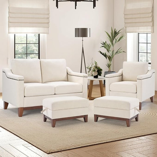 HAOMARKETS 4 Piece Fabric Sofa Set with Nailhead Trim, Included Single Accent Chair, Loveseat 2-Seater Couches with Thicked Cushion and 2 Storage Ottoman with Flip-Top Table for Living Room, Beige