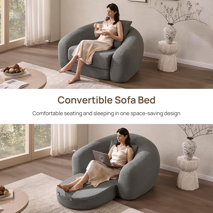SICOTAS Curved Sofa Couch Bed for Living Room Convertible Futon Cloud Boneless Sleeper Chair Pull Out Floor Couch with Deep Seat Sofa Set Foam No Assembly Required for Bedroom Apartment, Dark Grey