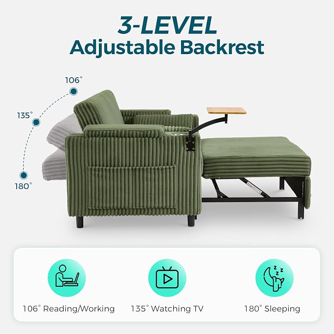 LINSY HOME 3-in-1 Pull Out Sofa Bed, 58" Convertible Sleeper Sofa for Living Room, 360° Swivel Table, Storage Armrests, Charging Station, Cup Holders, 2 Pillows, Corduroy Loveseat Futon Couch, Green