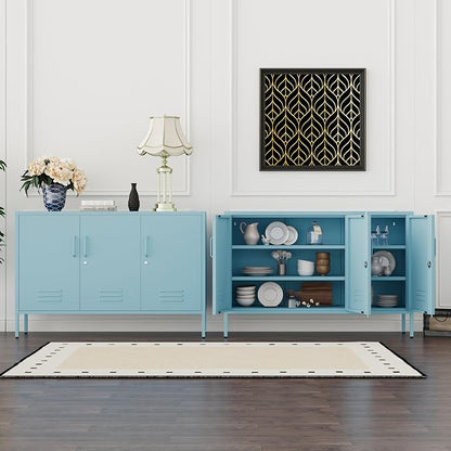 32" Blue 3 Door Lockable Metal Cabinet, Freestanding Heavy Duty Storage Locker with Adjustable Shelves for Home Office Kitchen Living Room