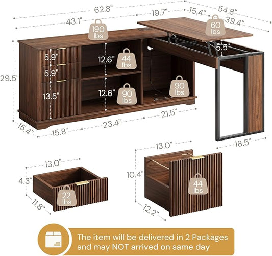 55'' Executive Desk with 3 Fluted Drawers, L Shaped Computer Desk with Lift Desktop & Power Outlets, Storage Shelves, CPU Stand, Industrial Office Desk with Cabinet (Dark Walnut)