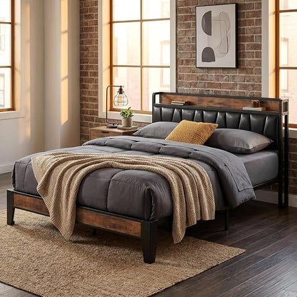 LIKIMIO Full Size Bed Frame, Storage Headboard with Charging Station, Solid and Stable, Noise Free, No Box Spring Needed, Easy Assembly (Vintage and Black)