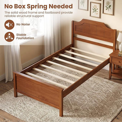 Giantex Twin Size Wooden Bed Frame with Headboard, Wood Slat Support | Farmhouse Platform Bed with Heavy Duty Mattress Foundation, Under-Bed Storage, No Box Spring Needed, Easy Assembly (Walnut)