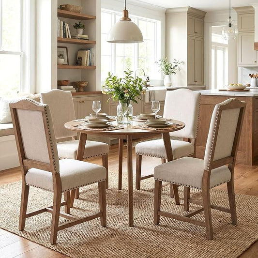 ROCITY Linen Dining Chairs Set of 4 Beige Upholstered Dining Room Chairs Farmhouse Kitchen Side Chairs with Wooden Legs&Nailhead Trim