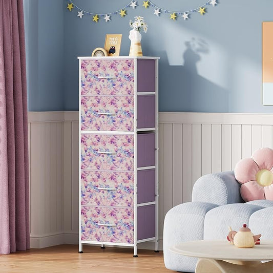 WLIVE Fabric Dresser, 5-Drawer Tall Dressers for Bedroom, Storage Dresser Organizer with Fabric Bins, Wood Top, Sturdy Steel Frame, Chest of Drawers for Closet, Tie-dye Print (Pink, Purple, Blue)