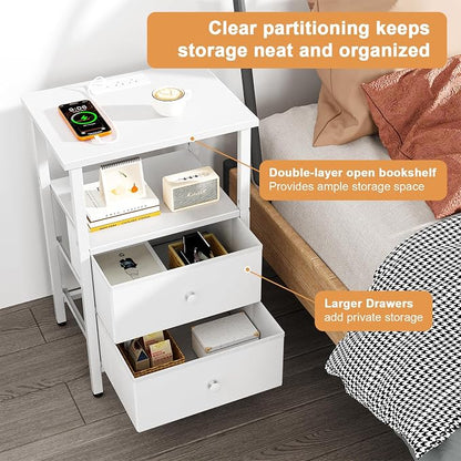 Nightstand with Charging Station, Bedside End Table with 2 Fabric Drawers for Bedroom, Side Table with USB Ports and Outlets (White)