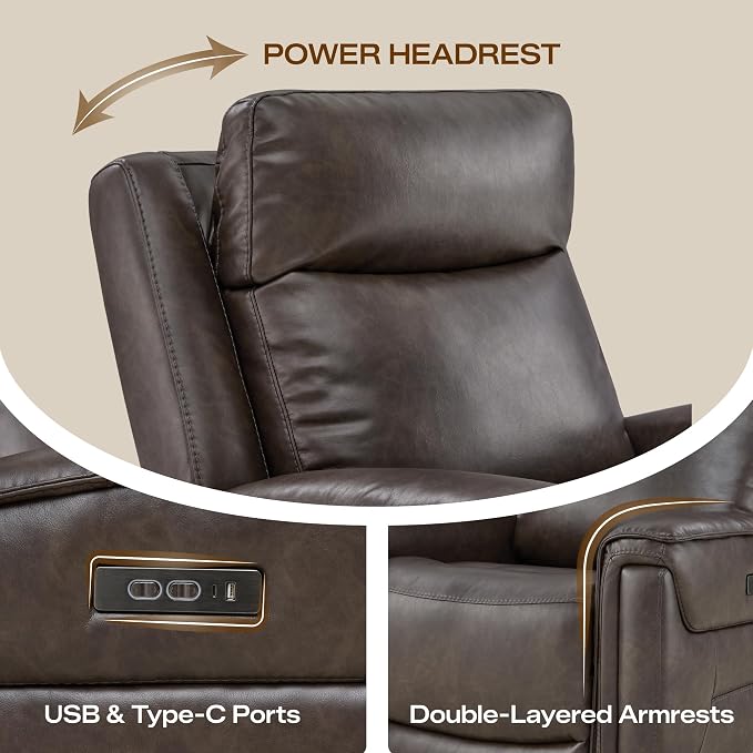 Watson & Whitely Super Zero Gravity Power Recliner Chairs with Power Headrest Leather Recliner with USB/Type-C Ports for Adults, Electric Reclining Sofa Chair for Living Room, Bedroom, Chocolate