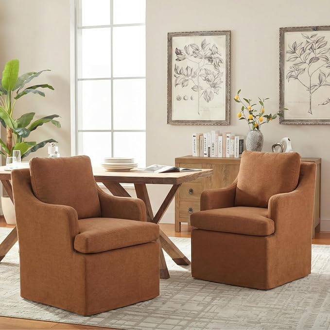 VKNOW Upholstered Dining Chairs Set of 2, Modern Kitchen Chairs Dinner Chairs with 4 Casters, Chenille Armchair for Bedroom Reading Room Living Room, Orange