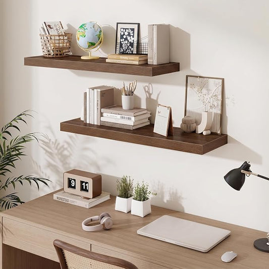 Fun Memories Floating Shelves for Wall 36 Inches, Wood Shelves with Invisible Bracket, 10" Deep Shelves Wall Mounted, Large Wood Floating Shelves for Living Room Bathroom, Walnut, Set of 3