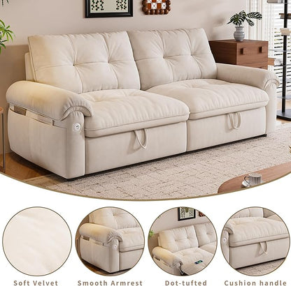 77.2'' Pull Out Couch Full Size, Pre-Assembled Sleeper Sofa Bed, Flannel Convertible Futon Sofa Bed with Adjustable Backrest, USB, Side Pocket, Loveseat for Living Room, Apartment, Beige