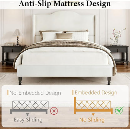 Upholstered Bed Frame with Tall Headboard, Leather Full Platform Bed Frame with Wingback Sides, Wood Slats Support, Noise-Free Design, No Box Spring Needed, Easy Assembly, White