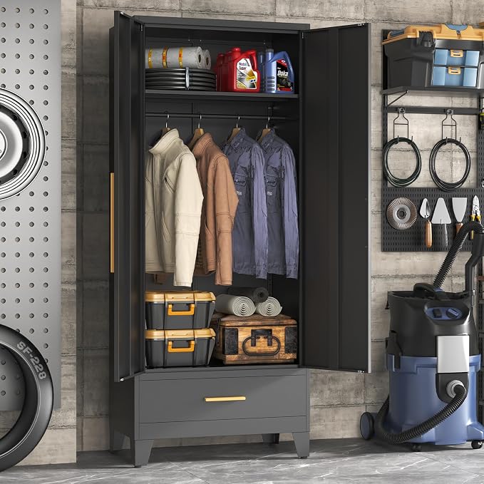 72" Tall Metal Wardrobe Closet - Large Clothing Storage Cabinet with 1 Hanging Rod, 1 Adjustable Shelve, 1 Drawer & Mirror Doors - Closet Organizer for Bedroom, Office, Laundry Room, Garage - Black