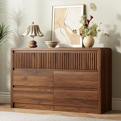 LYNSOM 7 Drawer Dresser for Bedroom, 50" Wide Fluted Dresser with Curved Corners, Wood Dressers & Chests of Drawers with Dual-Panel Design for Bedroom, Entryway, Walnut
