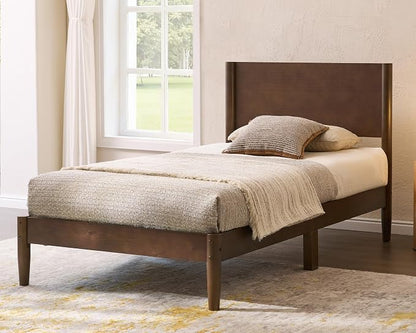 AMERLIFE Solid Wood Twin Bed Frame, Mid Century Modern Platform Bed with Full Panel Headboard, Noise-Free & Cylindrical Legs, No Box Spring Needed, Under-Bed Storage, Dark Walnut