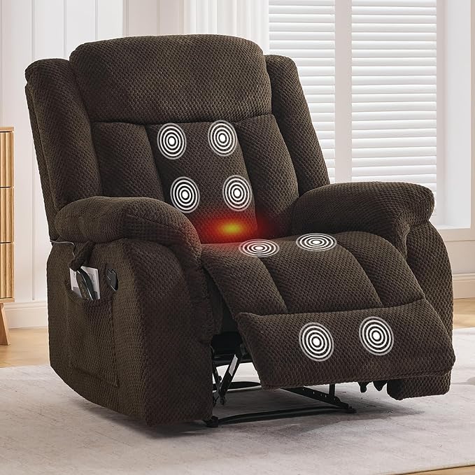 Massage Recliner Chair with Heat, Velvet Recliner Chairs for Adults, 39" Wide Manual Reclining Ergonomic Lounge Chair, Overstuffed Wall Hugger Recliners for Living Room, Chocolate Brown