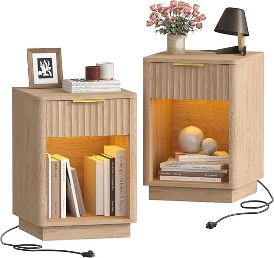 Akxomel Fluted Nightstands Set of 2, Wooden Night Stand with Charging Station and LED Light, Modern Mid Century Bed Side End Table with Drawer, 15" D x 15.7" W x 22.6" H, for Bedroom, Natural Oak