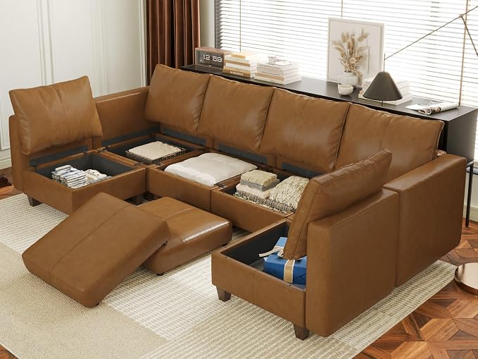 EASE MOOSE Modular Sofa with Storage, Faux Leather Sectional Sofa U Shaped Sectional Couches for Living Room, Brown