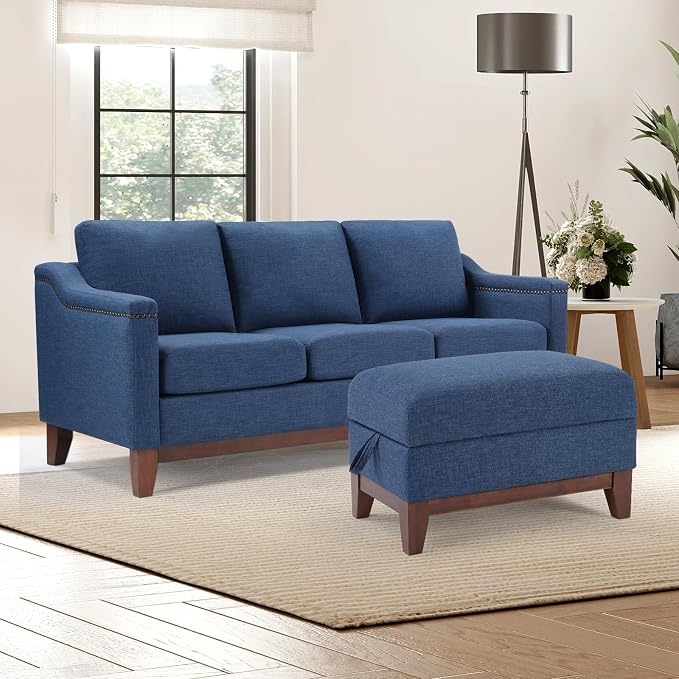 HAOMARKETS 2 Piece Fabric Sofa Set with Nailhead Trim, Included 3-Seater Sofa Couches with Thicked Cushion and Upholstered Storage Ottoman with Flip-Top Table, Living Room Furniture Set,Blue