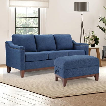 HAOMARKETS 2 Piece Fabric Sofa Set with Nailhead Trim, Included 3-Seater Sofa Couches with Thicked Cushion and Upholstered Storage Ottoman with Flip-Top Table, Living Room Furniture Set,Blue