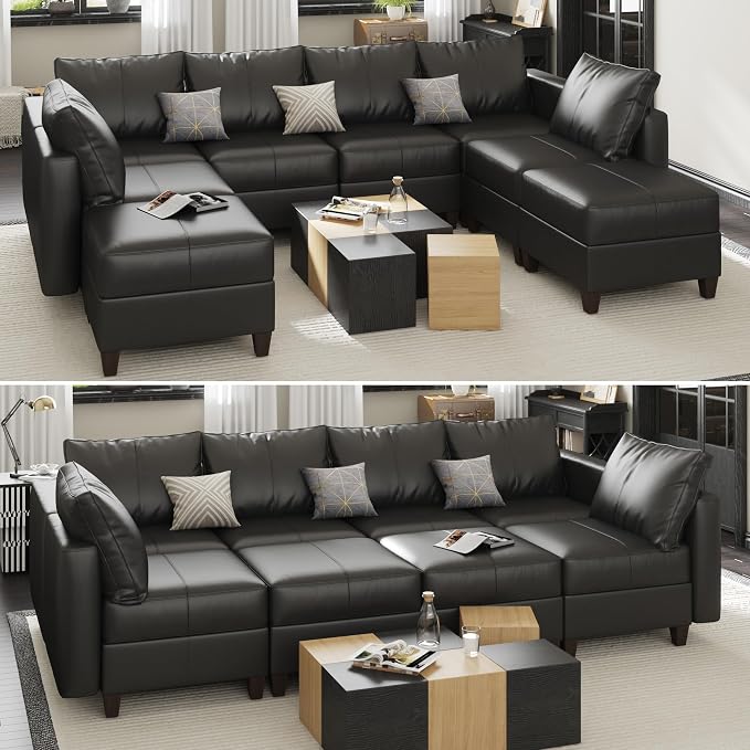 EASE MOOSE Modular Sofa Sectional Couch with Storage Ottomans,Black Faux Leather Sectional Sofa U Shaped Sofa Modular Sectional Sofa Couch