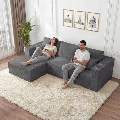 108" Modular Sectional Sofa,L-Shaped Cloud Couch with Deep Seats & Chaise,Convertible Corduroy Boneless Couches for Living Room,Bedroom,No-Assembly,Grey(Left Facing Chaise)