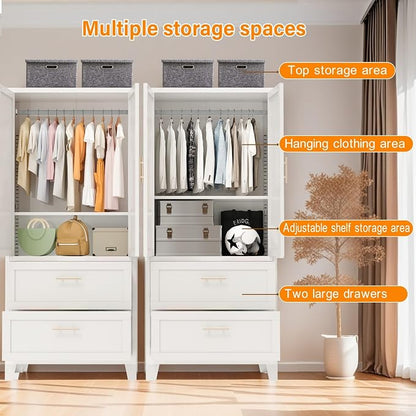 71" Tall Metal Wardrobe Cabinet with 2 Drawers and Hanging Rod, 2 Doors Wardrobe Closet with Shelf for Bedroom, Office, Laundry Room,Entryway,Foyer,Guesthouse White