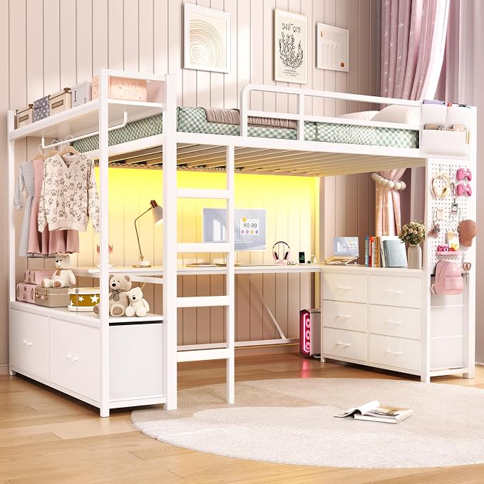 Itaar Twin Loft Bed with L-Shaped Desk & 8 Storage Drawers, Metal Kids Twin Loft Bed with Led Lights, Charging Station, Hall Tree, Safety Guard & Ladder, No Box Spring Needed, White