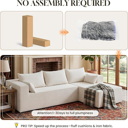 106" Cloud Sectional Boneless Couches for Living Room, Modular L Shaped Couch with Deep Seat Oversized Right Facing Chaise, Memory Foam Compressed Spineless 3 Seater Sofa for Apartment, Beige