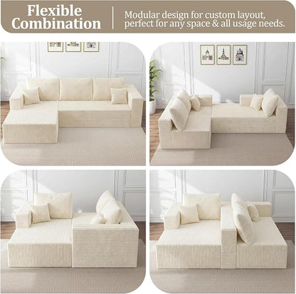 108" Cloud Couch Sectional,L-Shaped Boneless Couches for Living Room,Corduroy Modular Sectional Sofa with Deep Seats & Chaise,No-Assembly,Beige(Left Facing Chaise)
