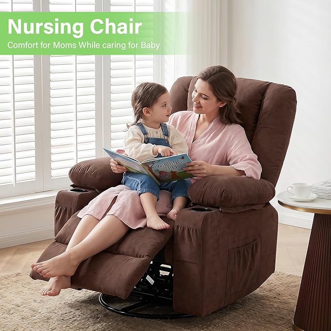 BOSMILLER 360° Swivel Rocker Recliner Chair for Adults,Oversized Recliner Chair with Massage and Heating, Manual Nursery Glider Recliner with Cup Holder and Side Pocket for Living Room, Bedroom
