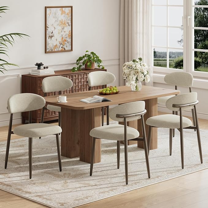 MALOL Dining Chairs Set of 6, Upholstered Kitchen & Dining Room Chairs with Curved Back and Bronze Metal Legs, Comfortable Modern Dining Side Chairs for Dining Room, Kitchen, Camel